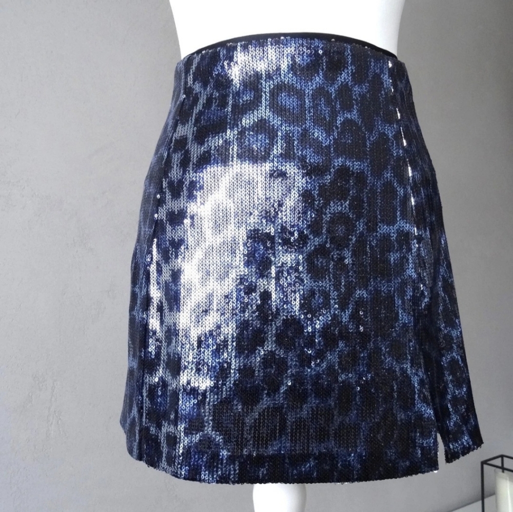 ZARA BLUE LEOPARD PRINT SEQUIN MINI SKIRT‎ SIZE L - Picture 3 of 11